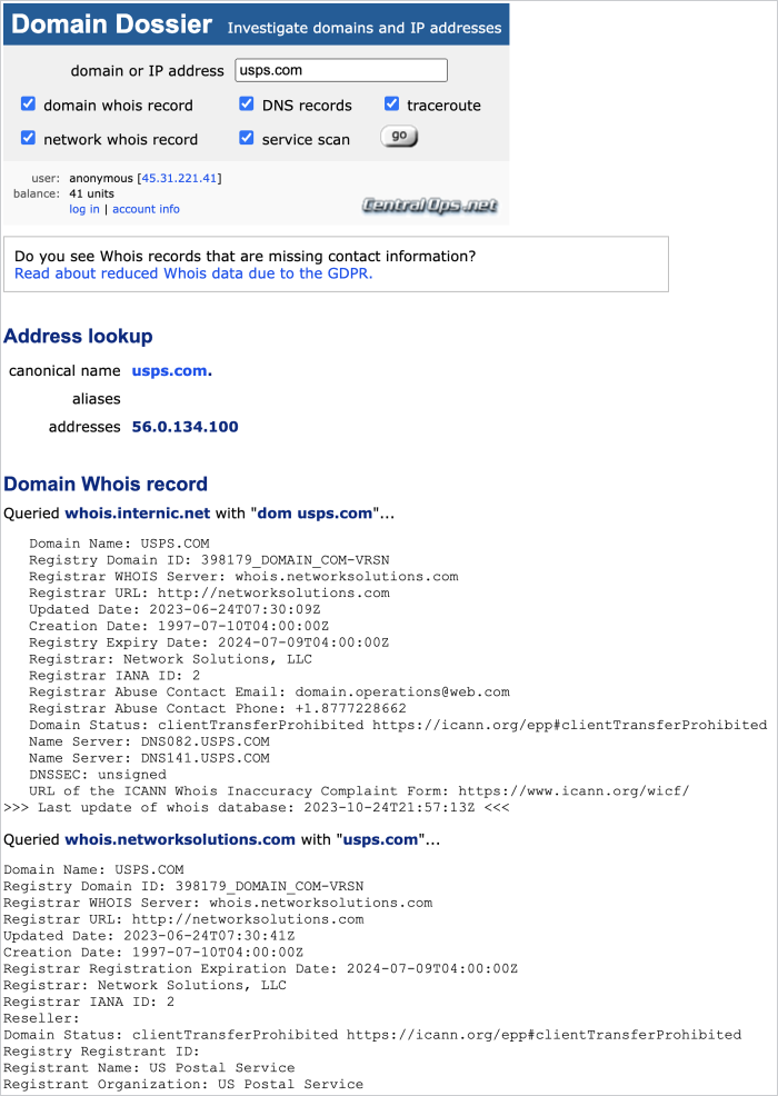 USPS Domain Dossier